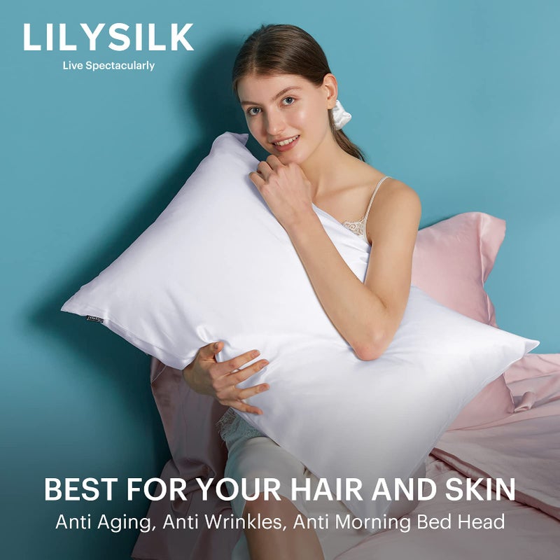 LilySilk غطاء وسادة حرير LILYSILK للشعر والبشرة بحجم كوين - 100% حرير توت 19 موم ، غطاء وسادة سرير حرير من الجانبين مع سحاب مخفي، 1 قطعة (حجم كوين 20''x30''، أبيض) - Image 5
